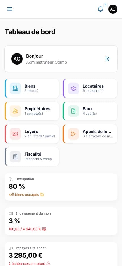 Odimo mobile interface with demonstration data