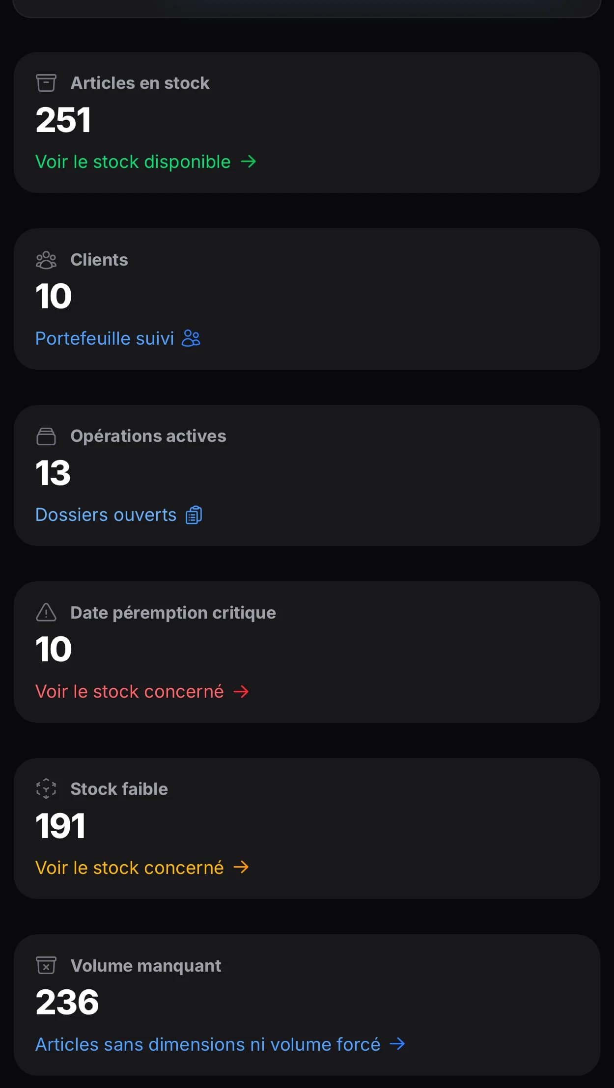 SPEIA Gestion mobile dashboard — stock counters and alerts.